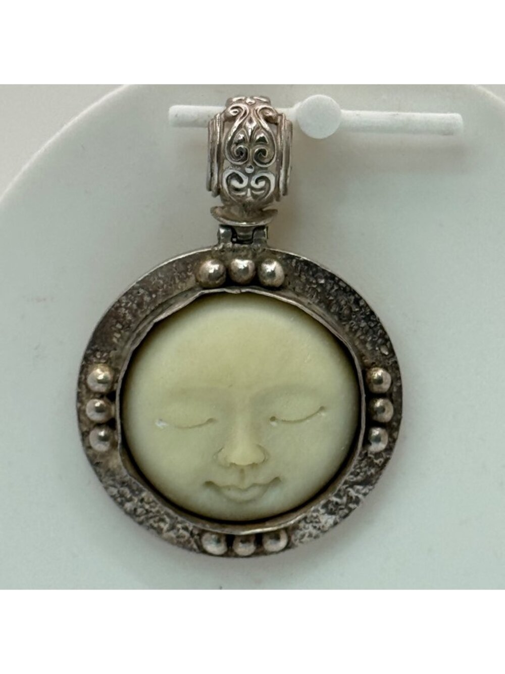 Bone Hand-Carved Moon Face Pendant Sterling Silver Frame 2" Celestial Vintage